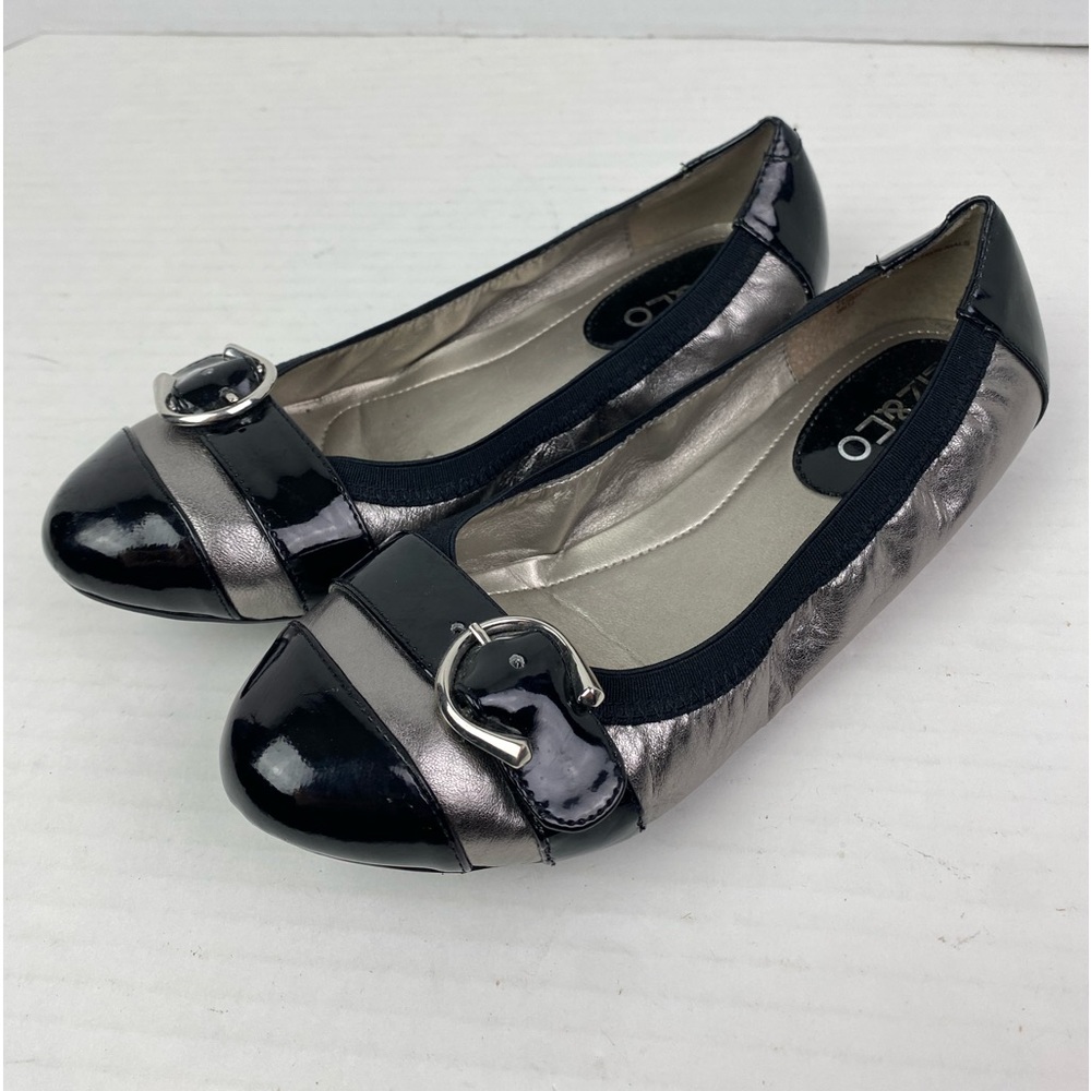 Liz & Co Women 7.5 Shoes Flats Black Silver Metallic Buckle Leather Slip On